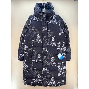 COLUMBIA WOMEN'S PLUS 1X/XL BOUNDLESS DAYS NAVY FLORAL PRINT LONG DOWN JACKET